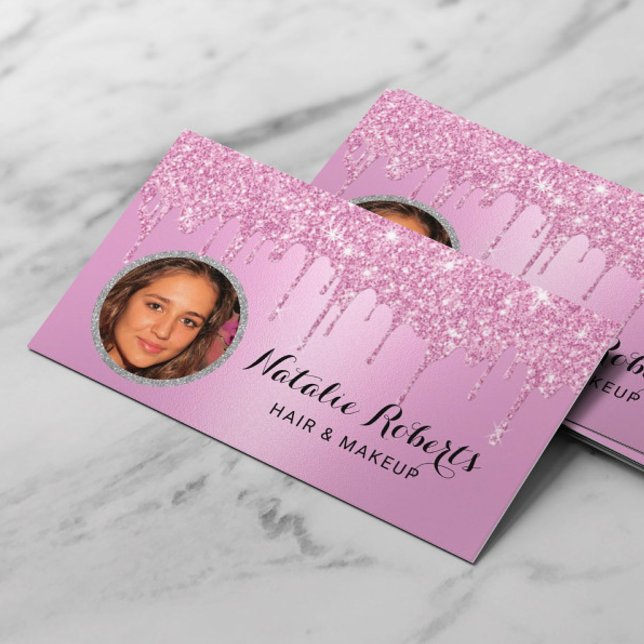 Tarjeta De Visita Purpurina Girly Pink gotea foto de salón de bellez (Subido por el creador)