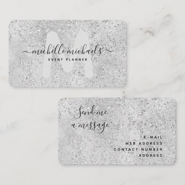 Tarjeta De Visita Purpurina Glam Monograma de Mod Silver Luxury (Anverso / Reverso)