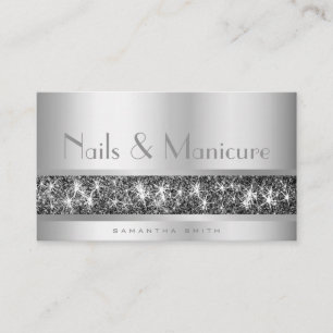 Tarjeta De Visita Purpurina glam Nail y Manicura, de plata brillante