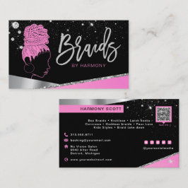 Tarjeta De Visita Purpurina Glam Pink Silver Diamonds Hair Braiding 