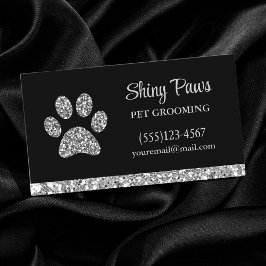 Tarjeta De Visita Purpurina Glam Silver Perro Paw Mascota de impresi