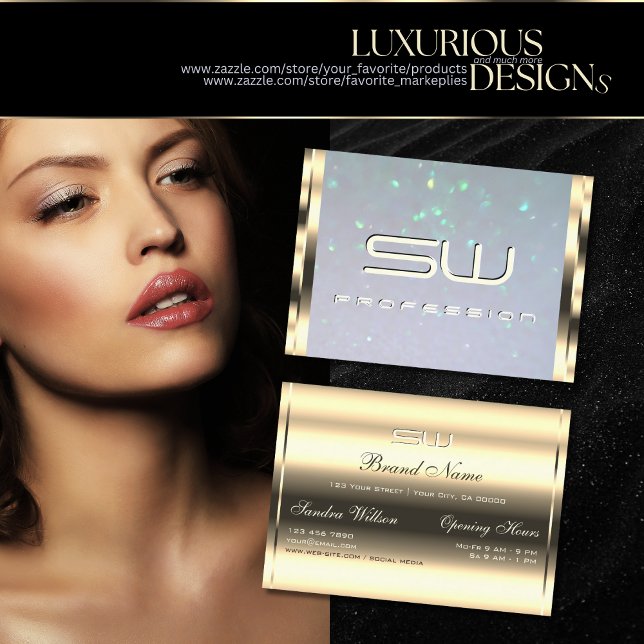 Tarjeta De Visita Purpurina Gold Blue Pearl de lujo e Iniciales 3D (Subido por el creador)