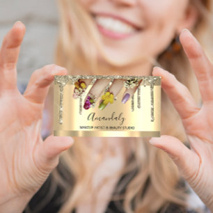 Tarjeta De Visita Purpurina Gold Dris Nail Manicure Floral
