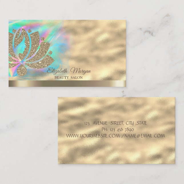 Tarjeta De Visita Purpurina Gold Lotus Holographic Ink Beauty (Anverso / Reverso)