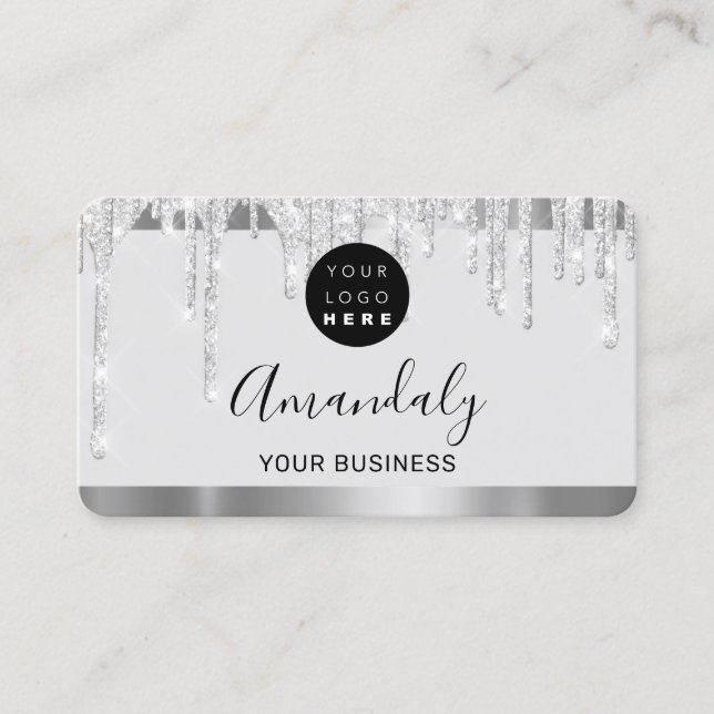 Tarjeta De Visita Purpurina gris goteo Marco plateado Código Qr Logo (Anverso)