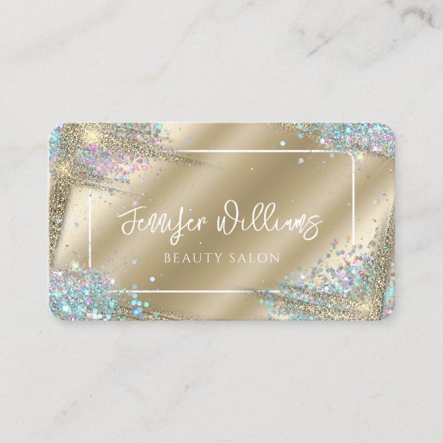 Tarjeta De Visita Purpurina Holográfica Única Faux Gold Belleza mode (Anverso)