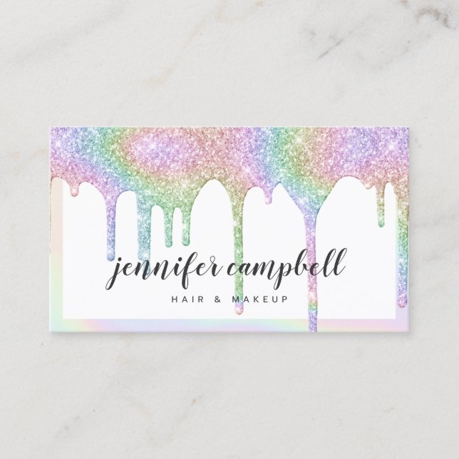 Tarjeta De Visita Purpurina holográfico de unicornio gotea maquillaj (Anverso)