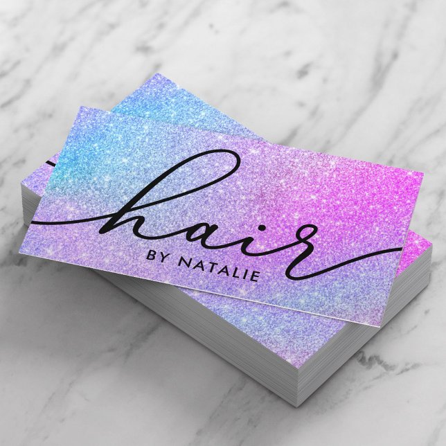 Tarjeta De Visita Purpurina Holográfico Script Typography Hair Styli (Subido por el creador)