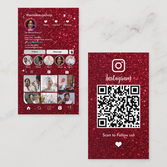 Tarjeta De Visita Purpurina Instagram Red Red Moderno Código QR Medi (Anverso / Reverso)