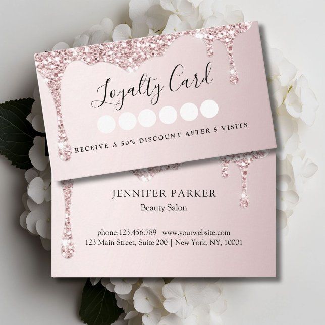 Tarjeta De Visita Purpurina Lightpink moderno Drop Salon & Spa Lealt (Modern Lightpink Glitter Drop Salon & Spa Loyalty Business Card)