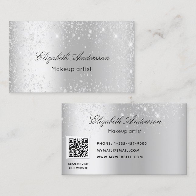 Tarjeta De Visita Purpurina metalizado plateado elegante código QR (Anverso / Reverso)