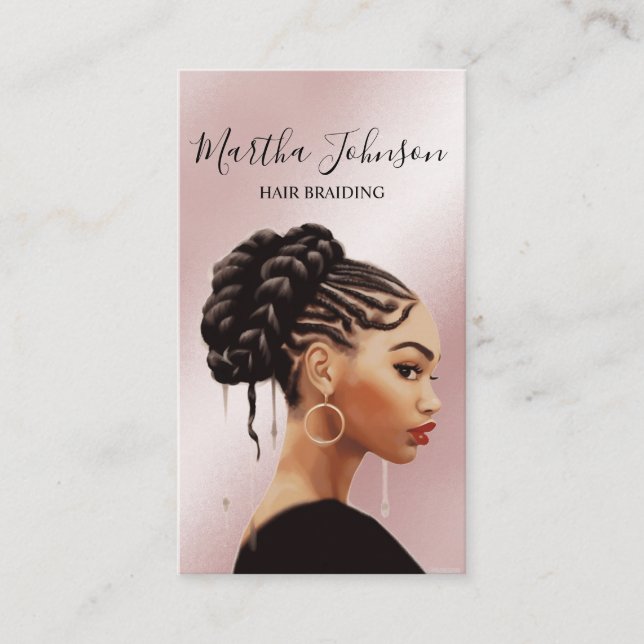 Tarjeta De Visita Purpurina Moda trenzas afroamericanas trenzas códi (Anverso)
