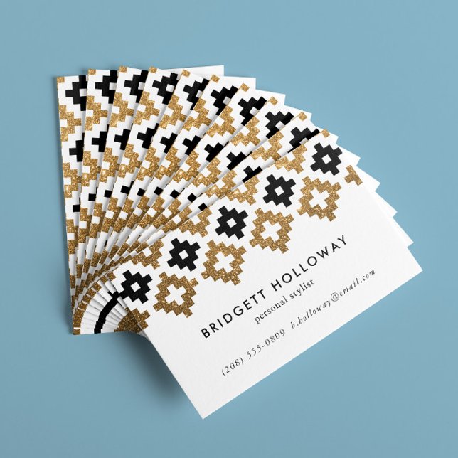 Tarjeta De Visita Purpurina moderno en blanco y negro y dorado (faux gold glitter and black geometric southwestern Navajo stye blanket motif business cards)