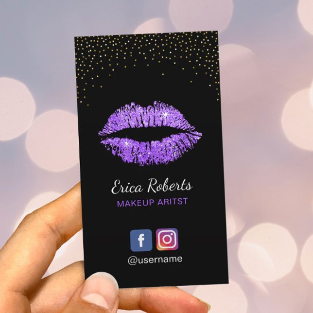 Tarjeta De Visita Purpurina morado Lips Artista de maquillaje Salón (Subido por el creador)