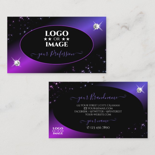 Tarjeta De Visita Purpurina morado rosado negro estrena joyas con lo (Anverso / Reverso)