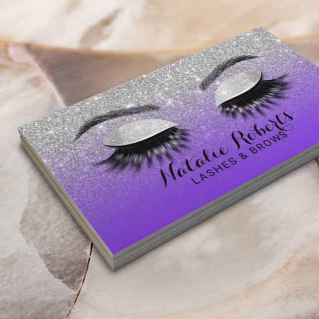 Tarjeta De Visita Purpurina morado y plateado de artista de maquilla (Subido por el creador)