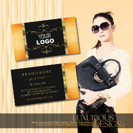 Tarjeta De Visita Purpurina Naranja negro Ornamentos dorados Logotip