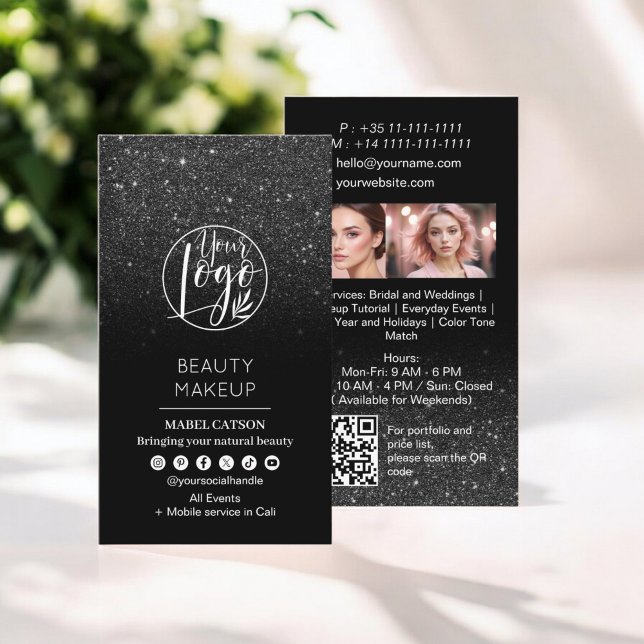 Tarjeta De Visita Purpurina Negro Belleza maquillaje Fotos de Artist (Black glitter Beauty Makeup Artist Photos QR Code Business Card)