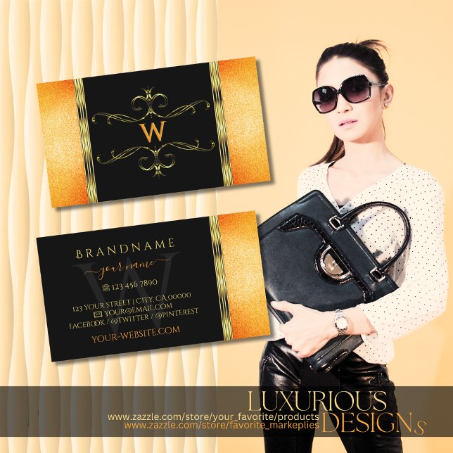 Tarjeta De Visita Purpurina negro y Naranja Ornamentos dorados Monog (Subido por el creador)