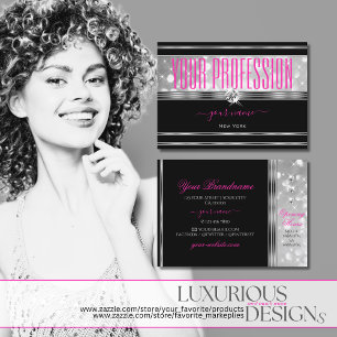 Tarjeta De Visita Purpurina negro y plateado Sparkle Stars Pink Font