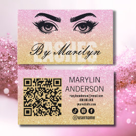 Tarjeta De Visita Purpurina Ombre Lash QR de color rosa y dorado esc