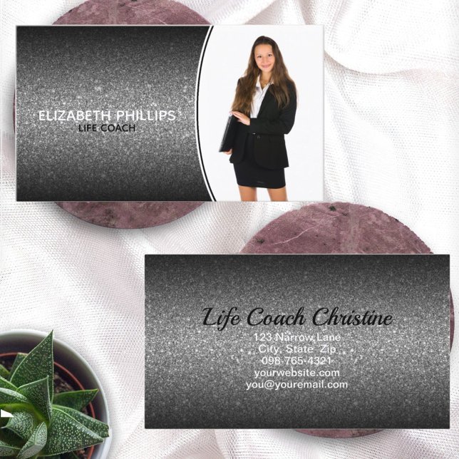 Tarjeta De Visita Purpurina Ombre Negro del Planificador de Eventos  (business card front and back design)