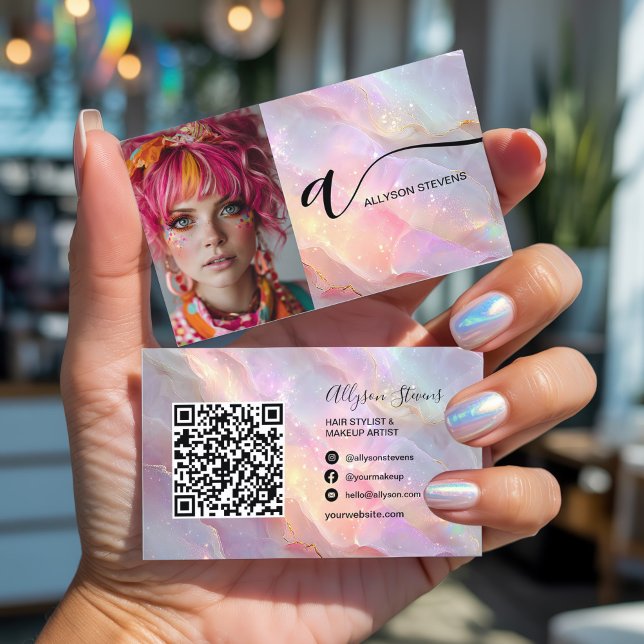 Tarjeta De Visita Purpurina opal moderno de arcoiris foto imagen maq (Modern Opal Rainbow Glitter Photo QR Code Makeup Business Card)