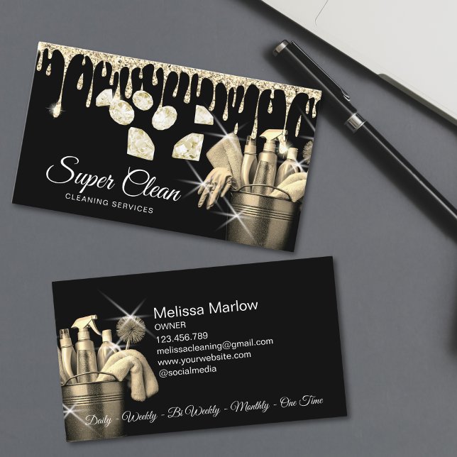 Tarjeta De Visita Purpurina Oro Casa Comercial Limpieza (Glitter Gold Commercial House Cleaning Housekeeper Business Card)