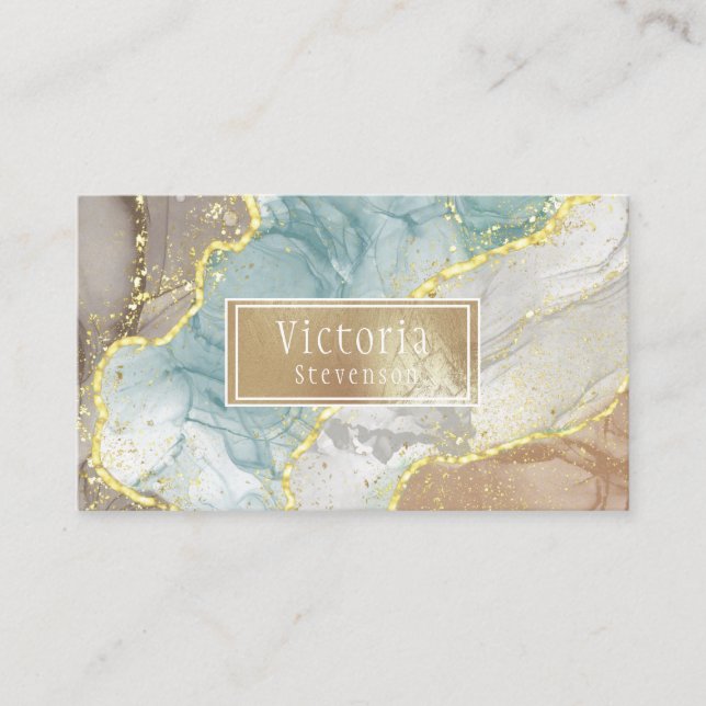Tarjeta De Visita Purpurina Oro Verde Marble Geode Nombre Agitar Emp (Anverso)