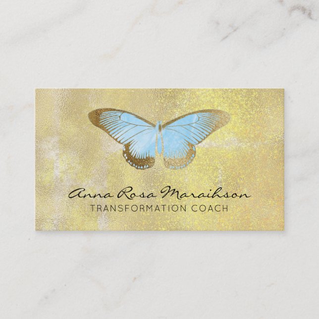 Tarjeta De Visita *~* Purpurina Pastel Azul  Mariposa dorada Fantasí (Anverso)