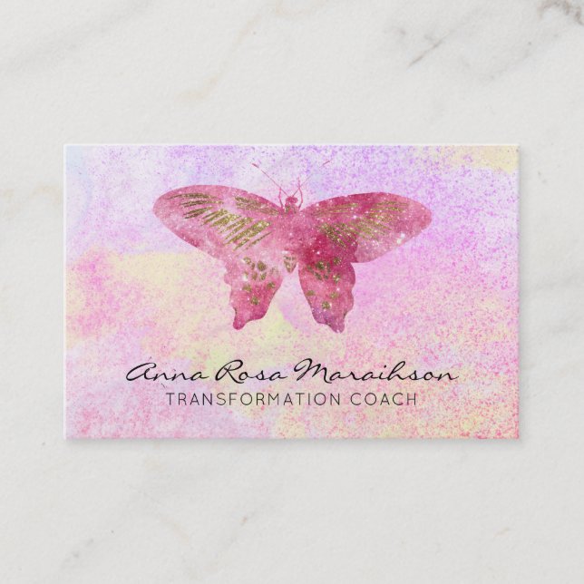 Tarjeta De Visita *~* Purpurina Pastel  Rosa Fantasy Mariposa dorada (Anverso)