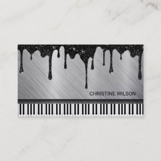 Tarjeta De Visita purpurina pianista de goteo negro plateado
