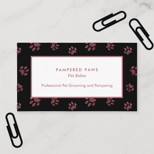 Tarjeta De Visita Purpurina Pintura Impresiones Rosa Salón Mascota n (Glitter Paw Prints Rose Gold Pink Black Pet Salon Business Card)