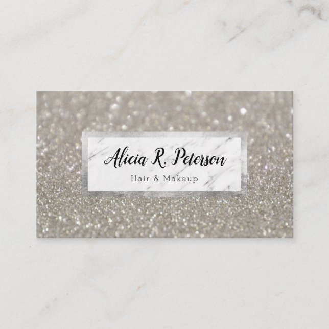 Tarjeta De Visita Purpurina Plata Marble Makeup Artista Cabello (Anverso)
