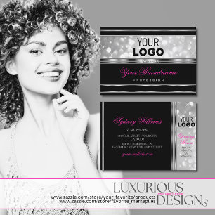 Tarjeta De Visita Purpurina Plata Negra Sparkle Stars Logotipo Fuent