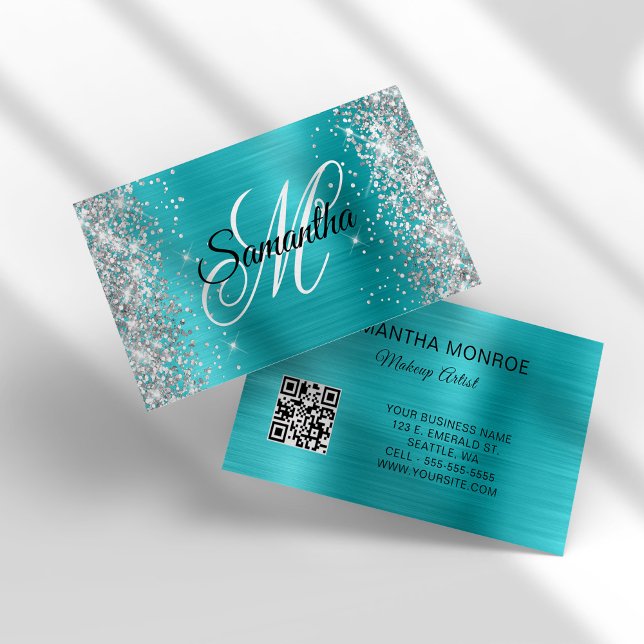 Tarjeta De Visita Purpurina plateado Aqua Relieve metalizado azul Mo (Silver Glitter Aqua Blue Foil Monogram QR Code Business Card)