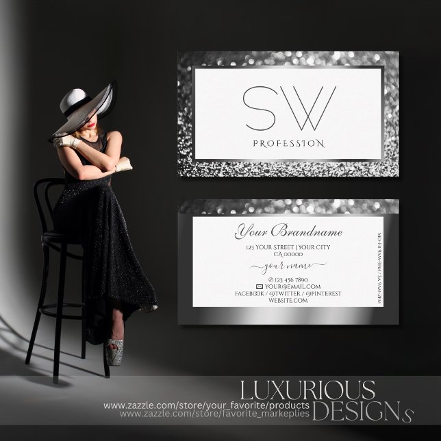 Tarjeta De Visita Purpurina plateado de lujo sobre Monograma Blanco (Subido por el creador)