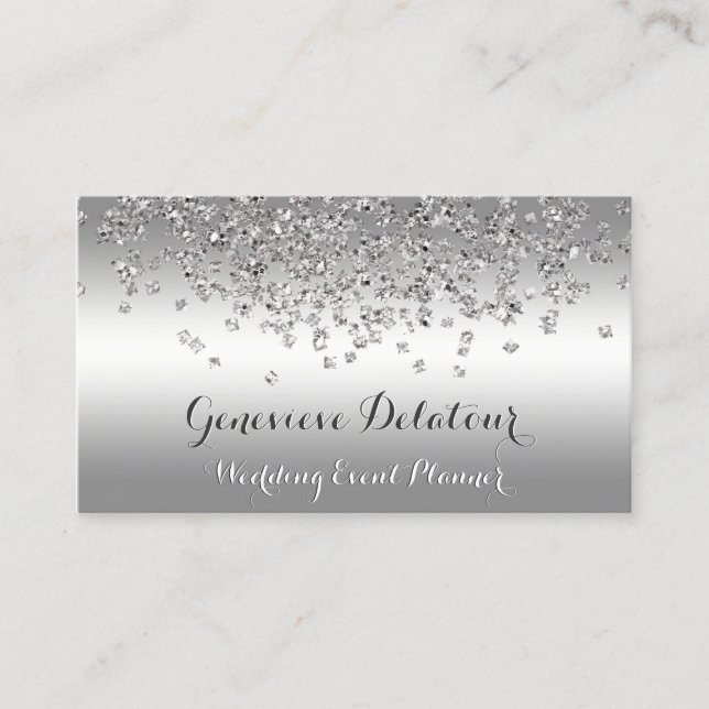 Tarjeta De Visita Purpurina Plateado Elegant Platinum Event Planner (Anverso)