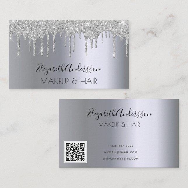 Tarjeta De Visita Purpurina plateado maquillaje de goteo cabello cód (Anverso / Reverso)
