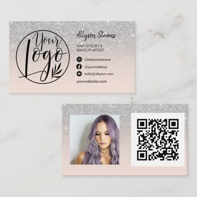 Tarjeta De Visita Purpurina plateado maquillaje de la foto logo qr c (Anverso / Reverso)