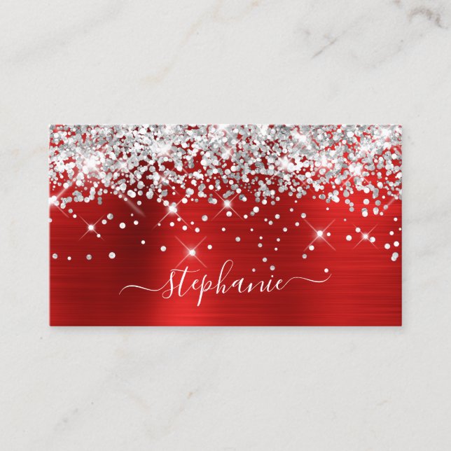 Tarjeta De Visita Purpurina Plateado Relieve metalizado Rojo Girly S (Anverso)