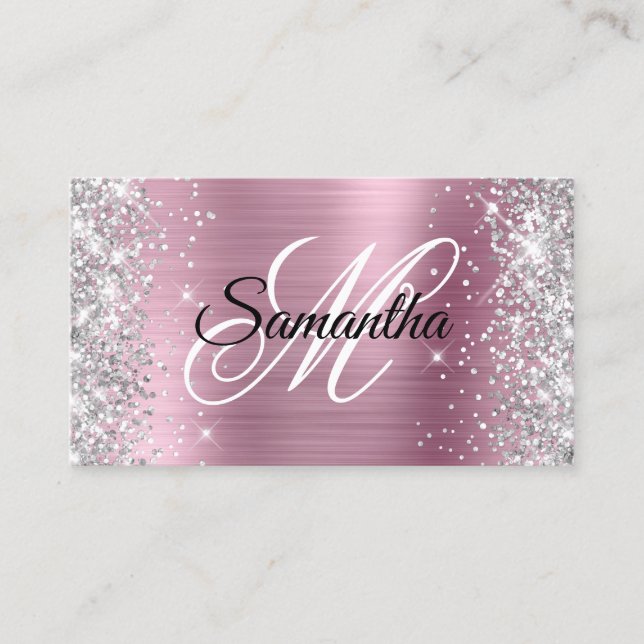 Tarjeta De Visita Purpurina plateado Relieve metalizado rosa Fancy M (Anverso)