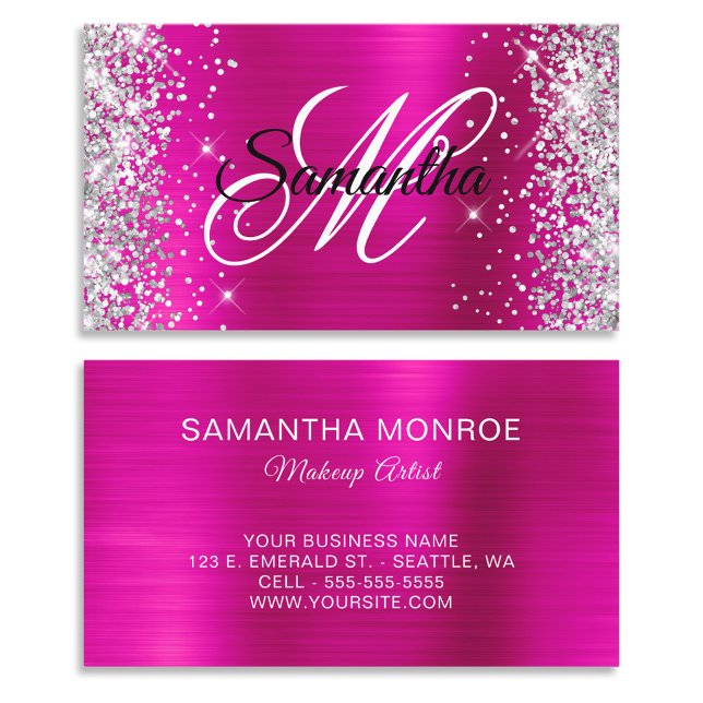 Tarjeta De Visita Purpurina plateado Relieve metalizado rosado calie (Silver Glitter Hot Pink Foil Fancy Monogram Business Cards)