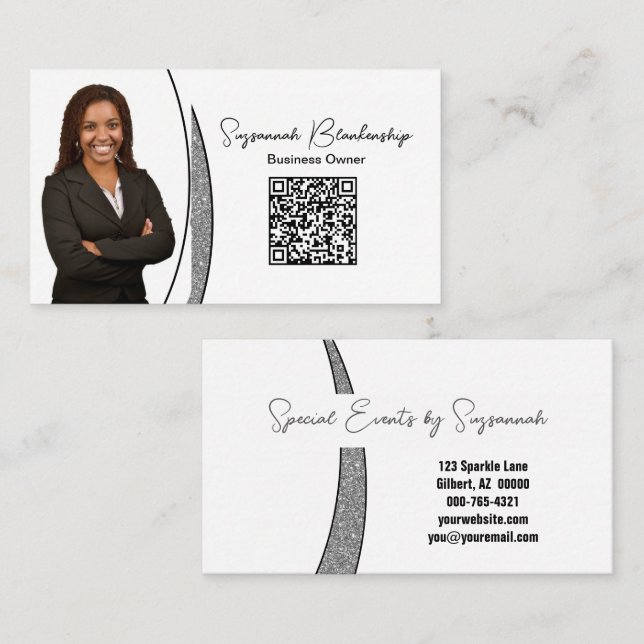 Tarjeta De Visita Purpurina profesional Silver Sliver Faux Photo QR (Anverso / Reverso)