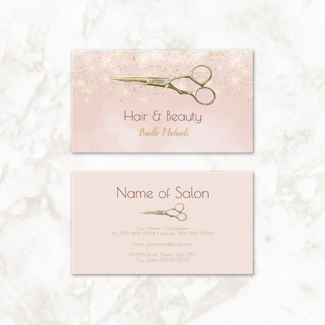 Tarjeta De Visita Purpurina Romántico Rosado Romantic Salon Gold (Luxury Hair Salon Gold Glitter Romantic Pink Bokeh Business Cards)