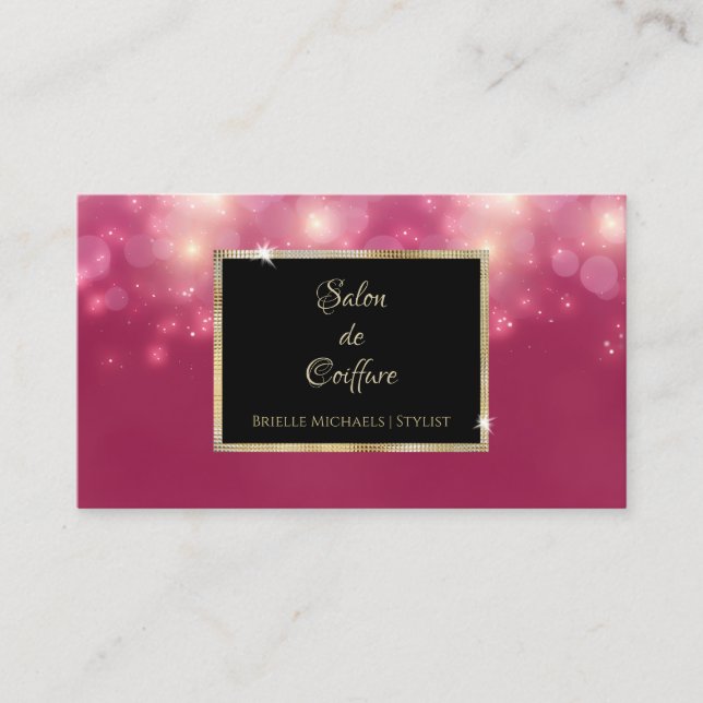 Tarjeta De Visita Purpurina Rosa Bokeh Sparkles Luxe Hair Salon (Anverso)