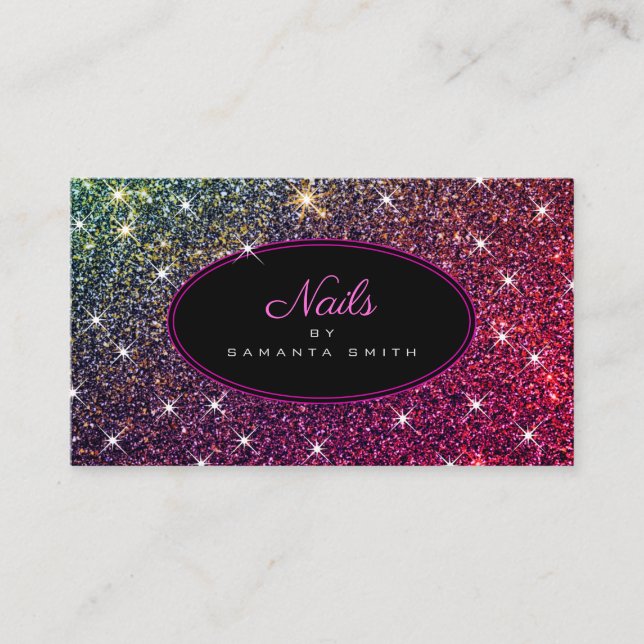 Tarjeta De Visita Purpurina rosa de lujo: uñas luminosas estrellas b (Anverso)
