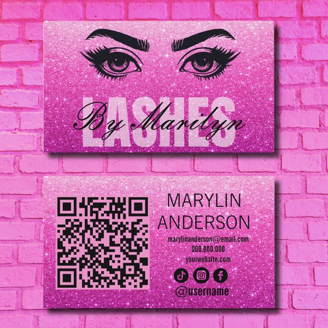 Tarjeta De Visita Purpurina rosa Lash Technician Scanable QR Code (Subido por el creador)