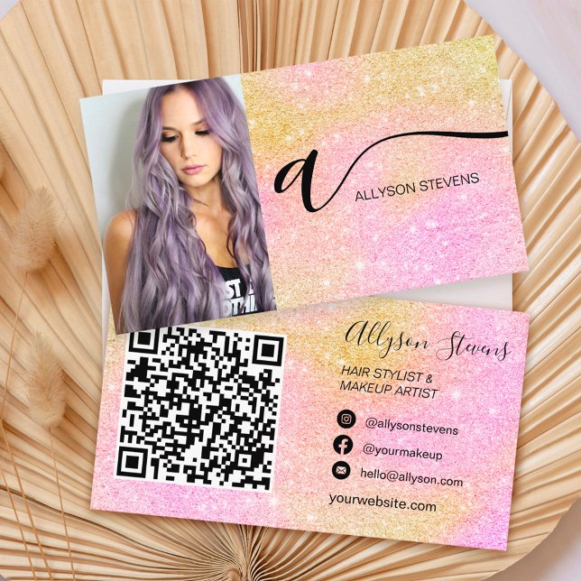 Tarjeta De Visita Purpurina rosa maquillaje de pelo foto código qr i (Subido por el creador)