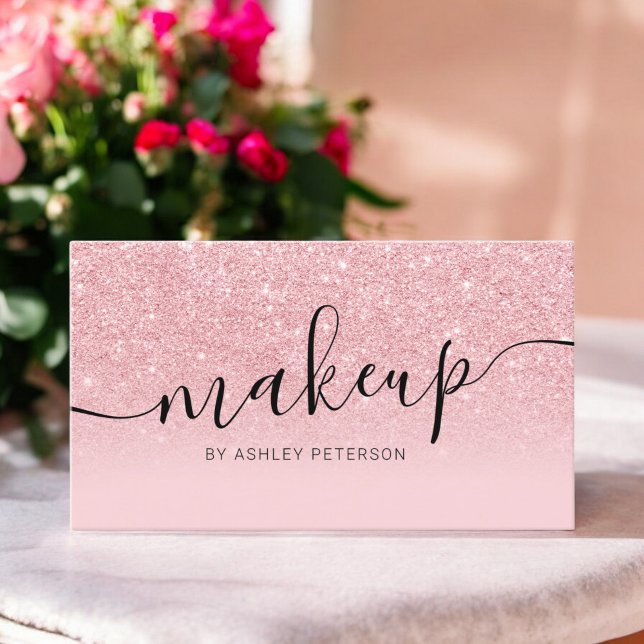 Tarjeta De Visita Purpurina rosa moderno rompe el maquillaje del gui (Modern pink glitter sparkles script makeup business card)